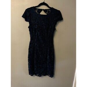 Lulu’s Navy Blue Lace overlay Open Back Dress Women’s sz S Fitted Wedding Formal
